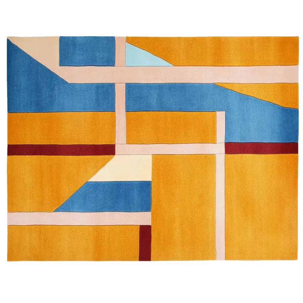 Top view of a Modern Sunset Grid Hand Tufted Area Rug featuring a bold geometric design in vibrant shades of blue, orange, and red. This contemporary wool rug is perfect for adding a stylish touch to living rooms, especially in the popular 8x10 size. Ideal for those seeking unique rugs for living room decor.