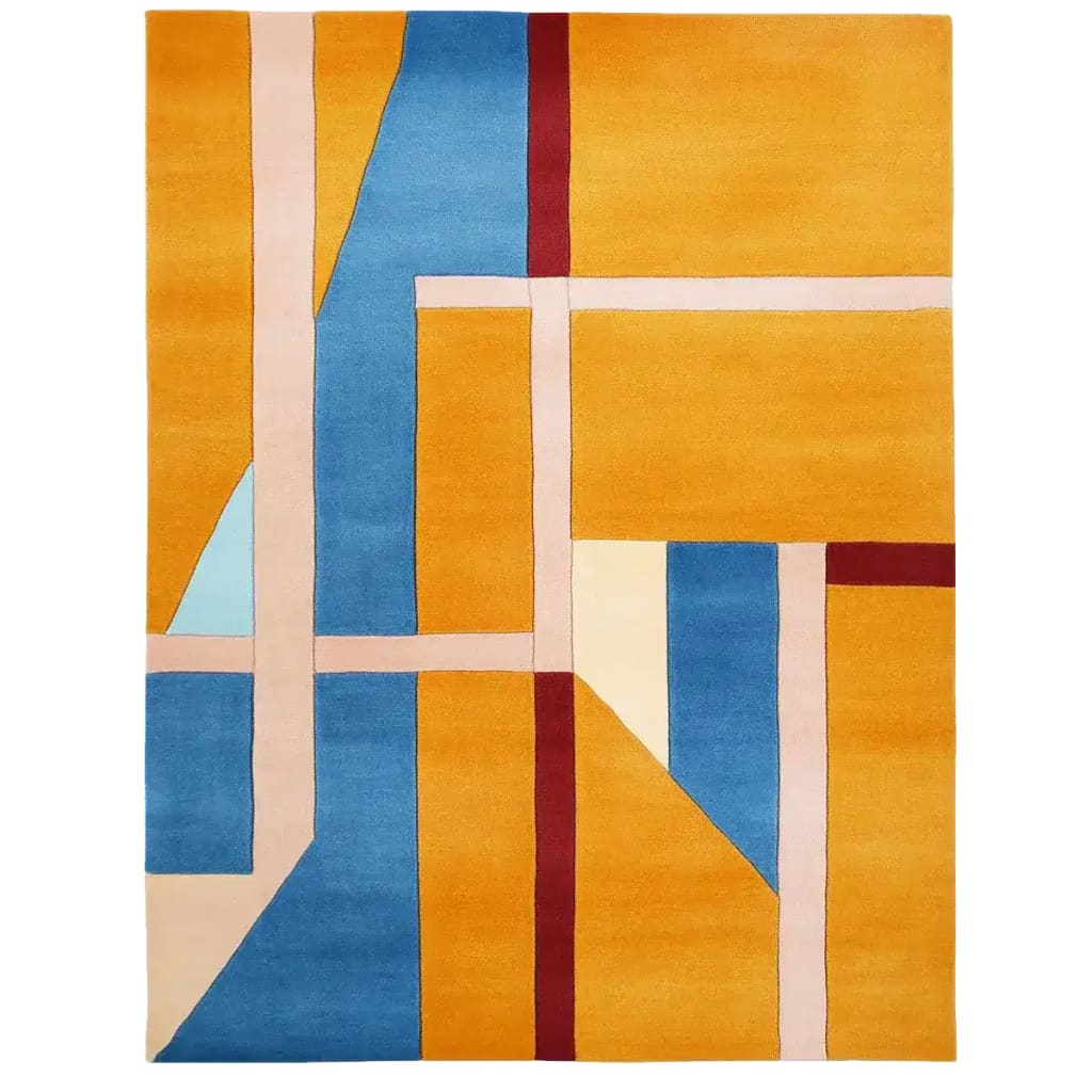 A vibrant area rug featuring a modern, abstract design with bold geometric patterns in shades of blue, orange, and red. This contemporary wool rug is perfect for adding a splash of color to your living room. Ideal for spaces requiring an 8x10 dimension, making it a stunning centerpiece among rugs for living room decor.