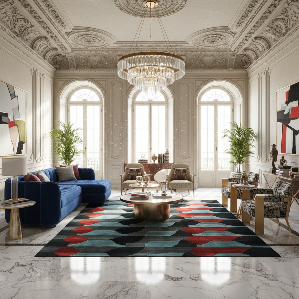 Luxurious living room with a geometric rug, blue sofa, and ornate ceiling.