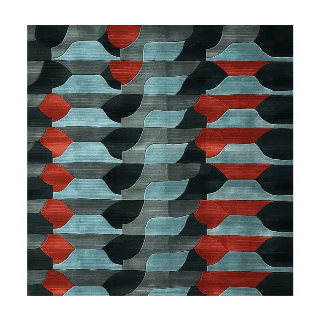 Stylish Modern Sync Hand Tufted Area Rug featuring a contemporary abstract pattern with red, grey, and black tones. This square wool rug is perfect for adding a modern touch to any office space.