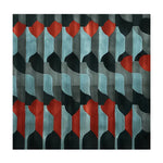 A modern, hand-tufted square area rug featuring a vibrant, abstract design with bold red, black, and gray geometric shapes. This contemporary wool rug is perfect for adding a stylish touch to any office space.