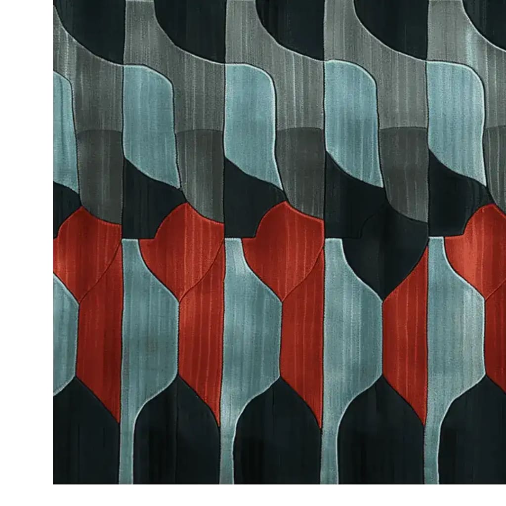 This image showcases a Modern Sync Hand Tufted Rug, a contemporary square area rug perfect for office spaces. The rug features an abstract geometric pattern with bold colors like red, black, and gray, crafted from high-quality wool, making it both stylish and durable.