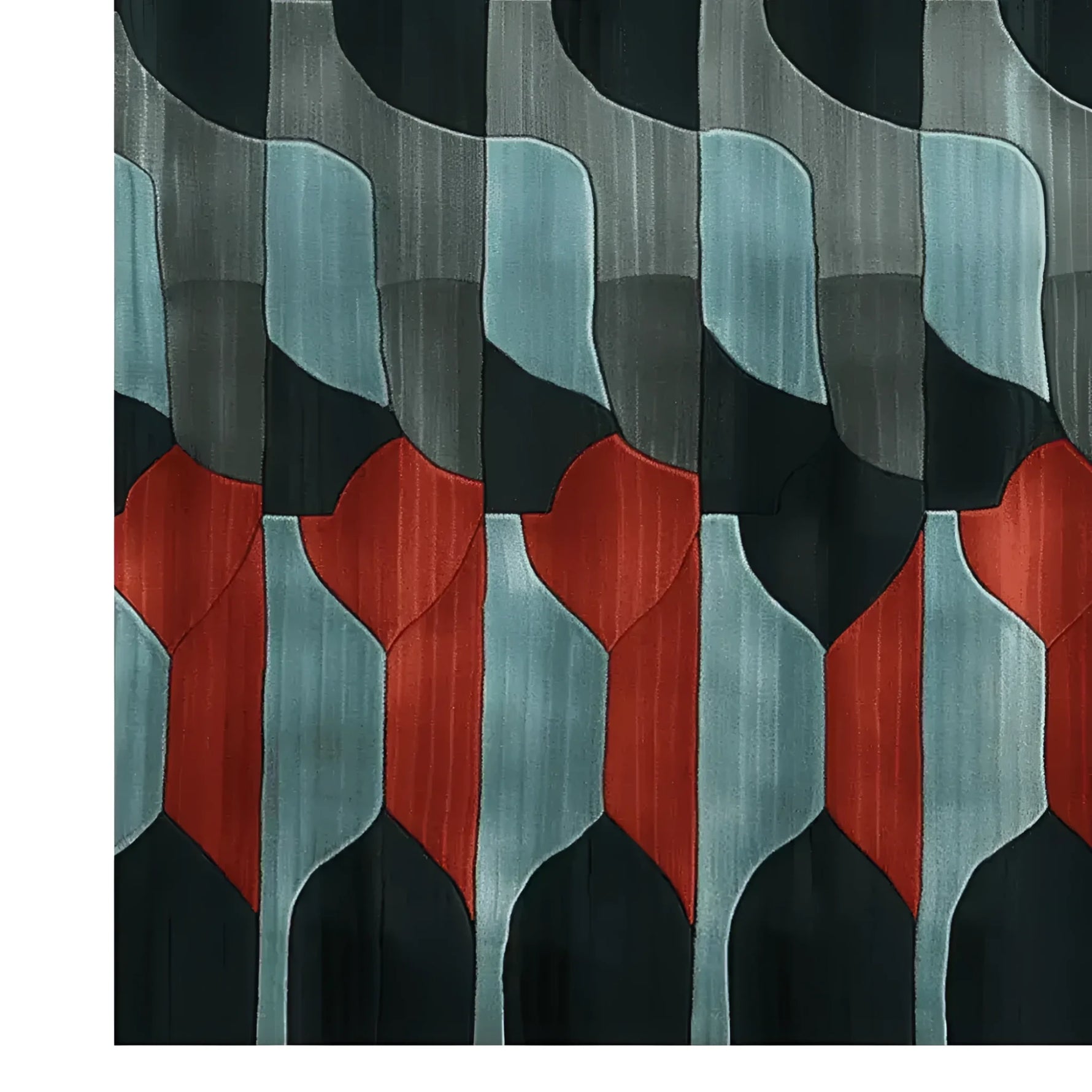 This image showcases a Modern Sync Hand Tufted Rug, a contemporary square area rug perfect for office spaces. The rug features an abstract geometric pattern with bold colors like red, black, and gray, crafted from high-quality wool, making it both stylish and durable.