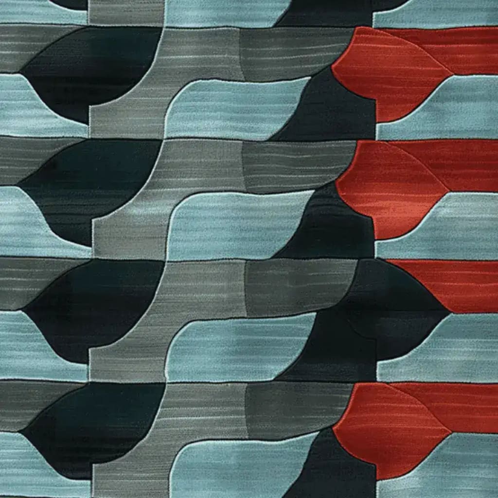 This image showcases a modern sync hand-tufted area rug with a contemporary abstract design, featuring a blend of blue, grey, and red hues. Perfect as a square area rug for an office setting, the wool rug offers both style and durability for any contemporary office space.