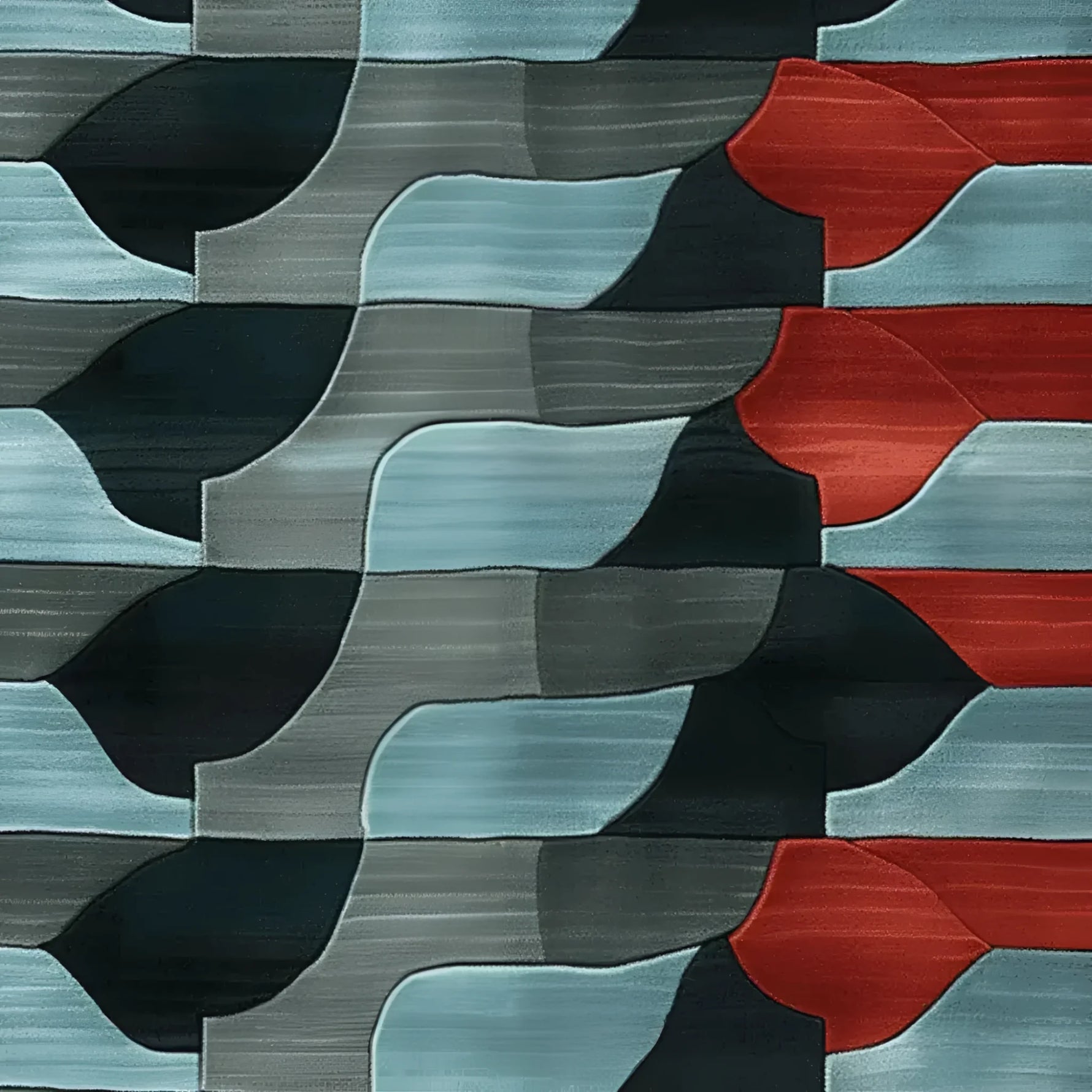 This image showcases a modern sync hand-tufted area rug with a contemporary abstract design, featuring a blend of blue, grey, and red hues. Perfect as a square area rug for an office setting, the wool rug offers both style and durability for any contemporary office space.