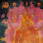 A vibrant Modern Tribal Hard Viscose Hand Knotted Wool Area Rug with an abstract design in rich pink, orange, and dark tones. Perfect for adding a contemporary touch to a dining room, this rug is ideal as a dining table rug or dining room carpet, reminiscent of traditional Persian rugs.