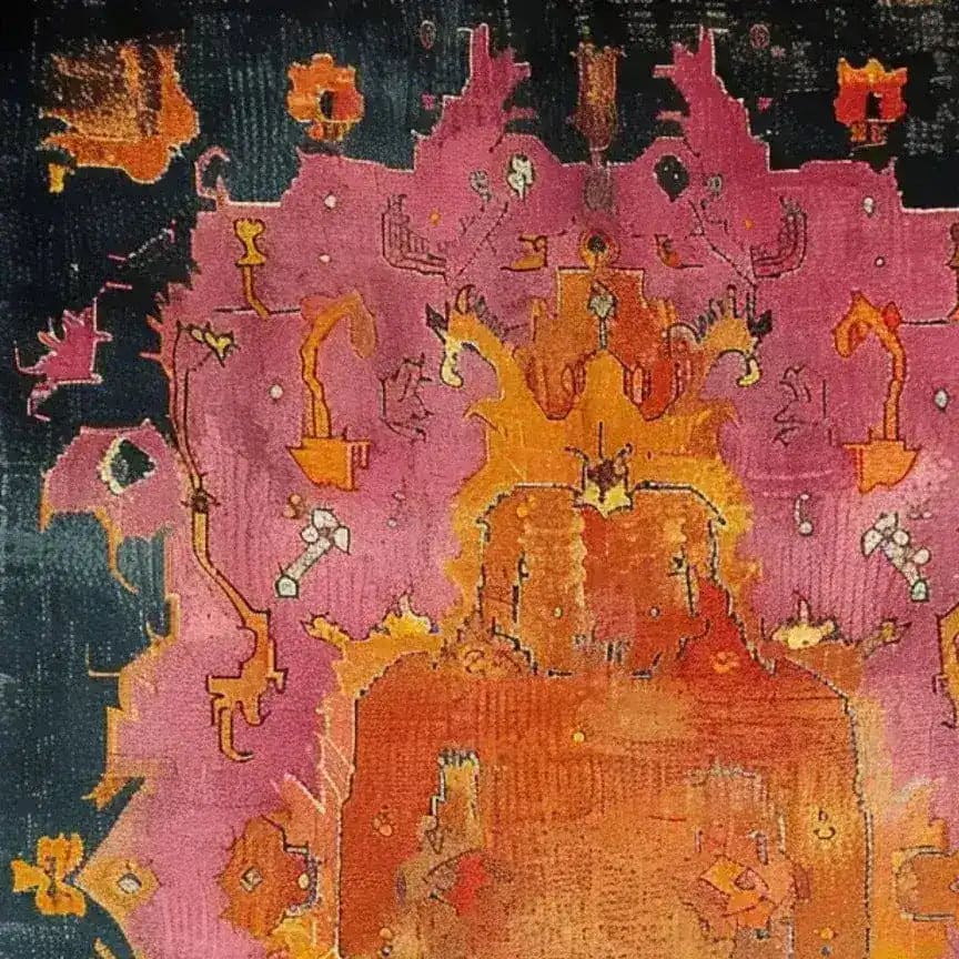 A vibrant Modern Tribal Hard Viscose Hand Knotted Wool Area Rug with an abstract design in rich pink, orange, and dark tones. Perfect for adding a contemporary touch to a dining room, this rug is ideal as a dining table rug or dining room carpet, reminiscent of traditional Persian rugs.