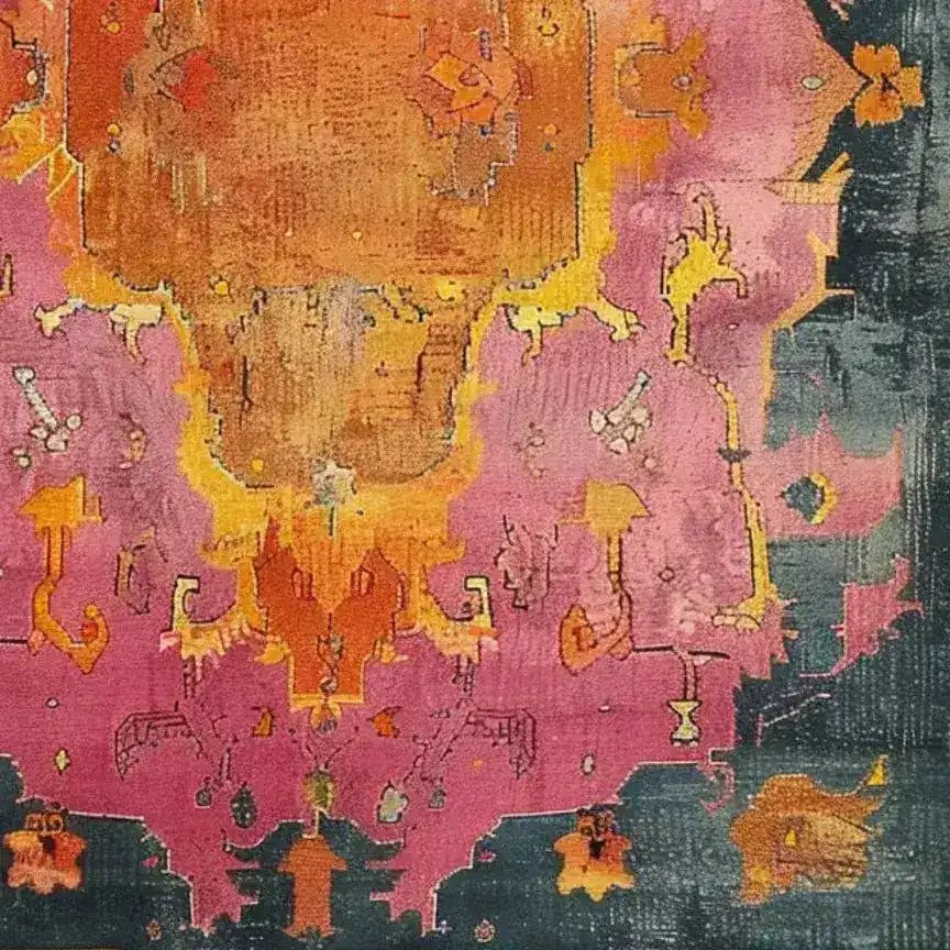 A beautifully crafted modern tribal area rug, showcasing a vibrant abstract design in shades of orange, pink, and blue. This hand-knotted wool rug is perfect for adding a contemporary touch to any dining room, serving as an elegant dining table rug. Its intricate Persian-inspired patterns make it a standout piece among dining room carpets.