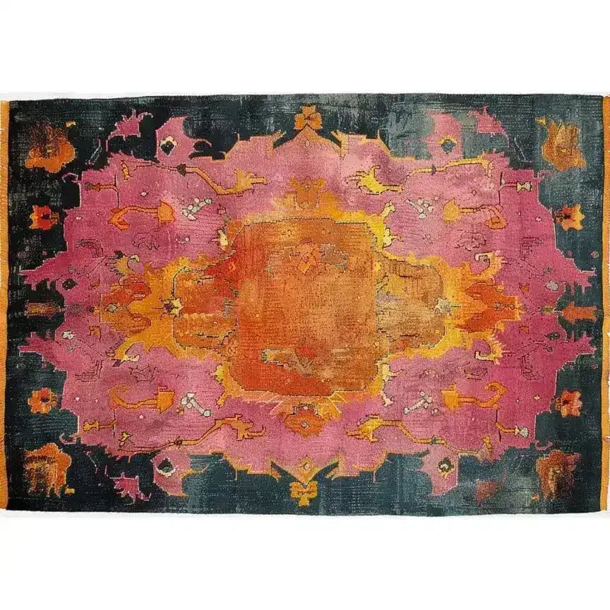 A vibrant, modern tribal area rug showcasing a hand-knotted wool design with a striking abstract pattern. The rug features bold hues of pink, orange, and navy, making it an ideal centerpiece for a dining room. This contemporary rug enhances any dining table setting with its Persian-inspired motifs, perfect for adding warmth and character to dining room carpets.