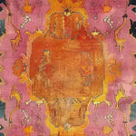 Vibrant Modern Tribal Hard Viscose Hand Knotted Wool Rug featuring an abstract design with rich orange and purple hues. Perfect for adding a contemporary touch to dining rooms as a dining table rug, this area rug brings warmth and style, reminiscent of Persian rugs.