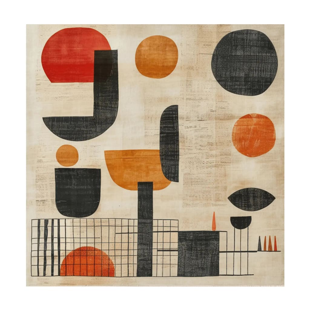 A contemporary square area rug featuring an abstract design with geometric shapes in black, orange, and red tones. This modern wool rug is perfect for adding a touch of artistic flair to your dining room or living room, making it an exquisite dining room carpet choice.