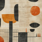 A close-up view of a Modernist Opulence Hand Tufted wool rug featuring an abstract geometric design. The square area rug showcases bold orange and black shapes on a neutral background, making it an ideal contemporary rug for dining room or living room settings.