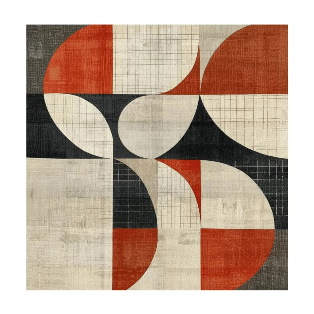 Contemporary square area rug featuring bold geometric patterns in shades of red, black, and beige. Perfect for adding a modern touch to dining room or living room spaces. This wool rug offers a unique blend of style and comfort, ideal for those seeking dining room area rugs or carpets.