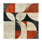 Contemporary square area rug featuring bold geometric patterns in shades of red, black, and beige. Perfect for adding a modern touch to dining room or living room spaces. This wool rug offers a unique blend of style and comfort, ideal for those seeking dining room area rugs or carpets.