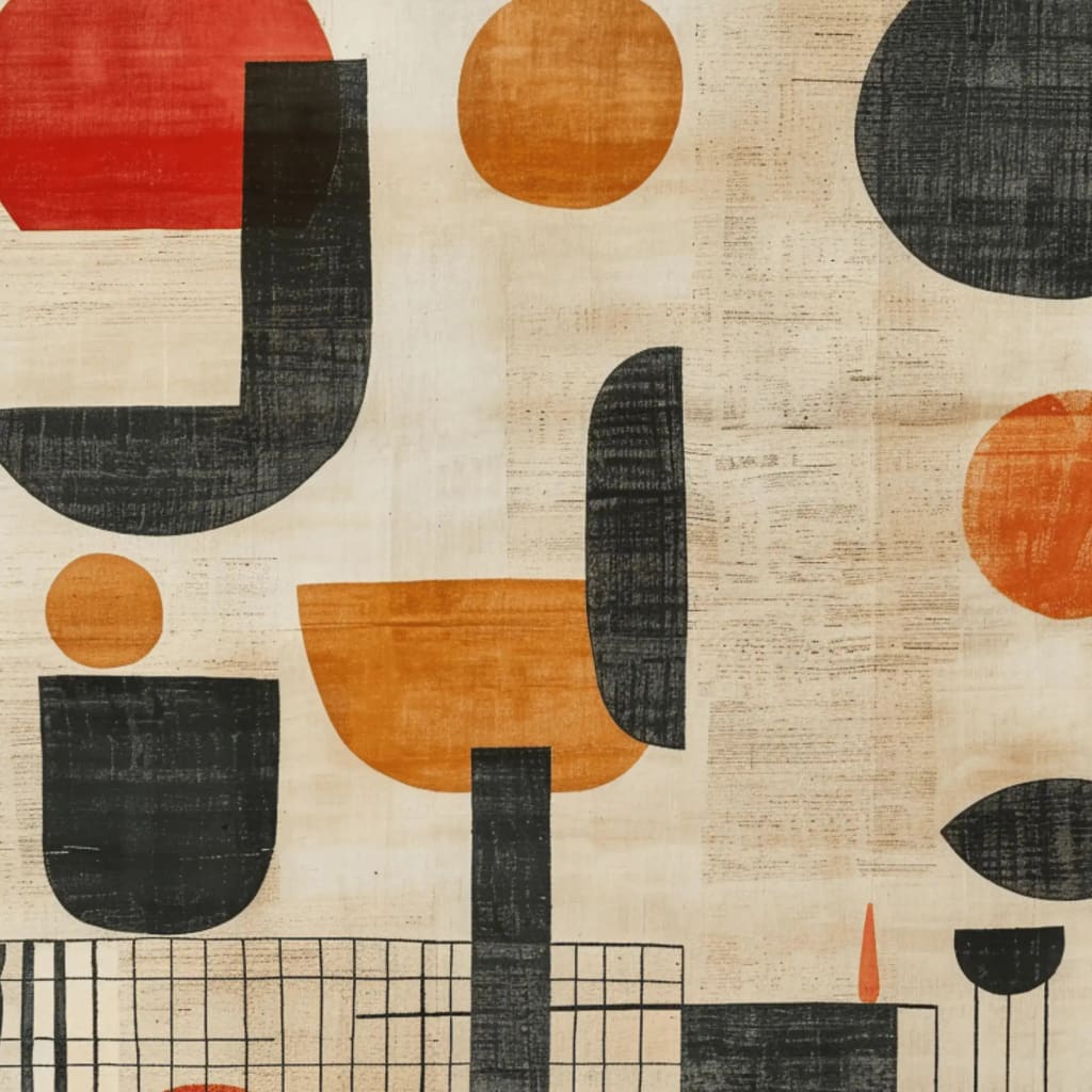 This abstract wool area rug features bold geometric shapes in black, orange, and red on a neutral background, perfect for contemporary dining rooms or living spaces. The square rug's modern design adds a touch of elegance to dining room carpets and living room floors.
