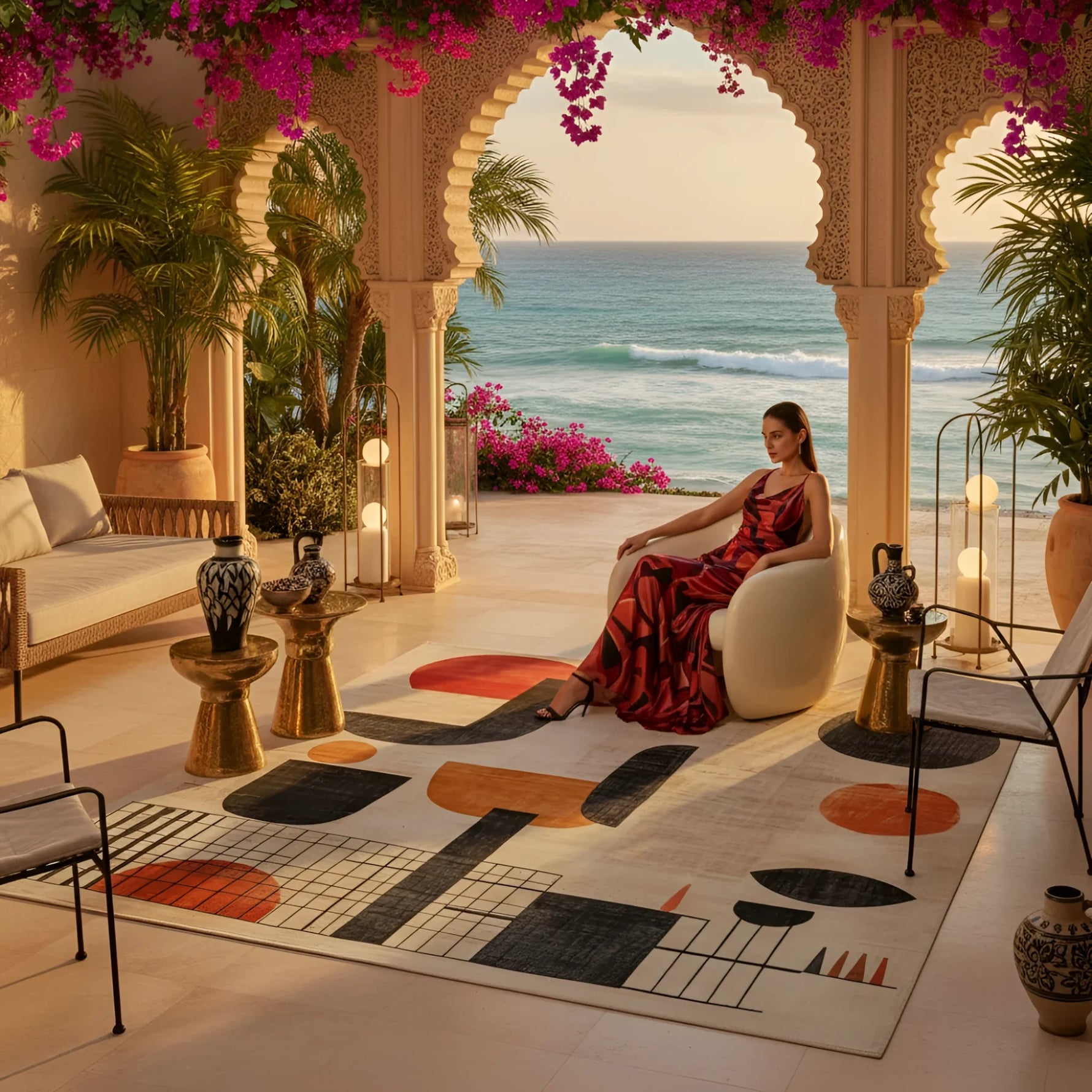 Woman in a red dress sitting in a stylish room with ocean view