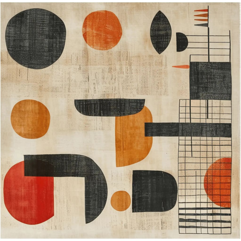 A contemporary square area rug featuring an abstract design in warm tones of orange, black, and red. Perfect for adding a modern touch to dining rooms or living spaces, this wool rug embodies modernist opulence with its geometric patterns.