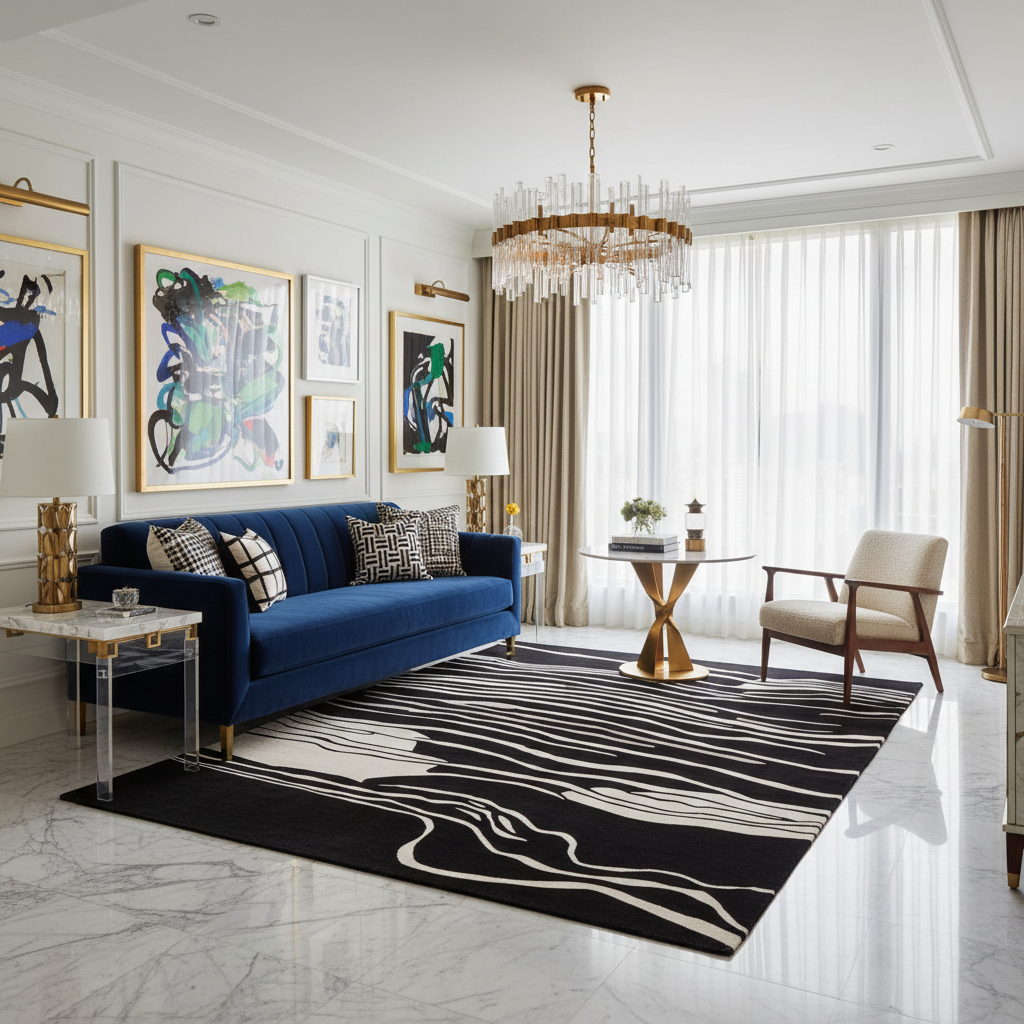 Modern living room with a blue sofa, a contemporary wool rug, abstract art, and a chandelier.