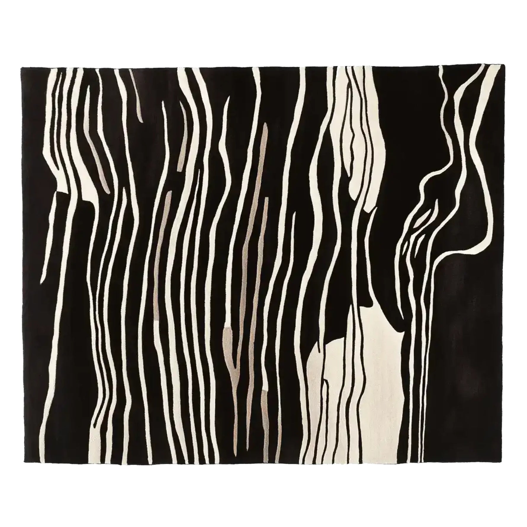 Elegant area rug with a striking abstract black and white zebra stripe pattern, perfect for adding a contemporary touch to any living room. This hand tufted wool rug combines modern aesthetics with the warmth and texture of natural fibers, making it an ideal choice for stylish living room area rugs.