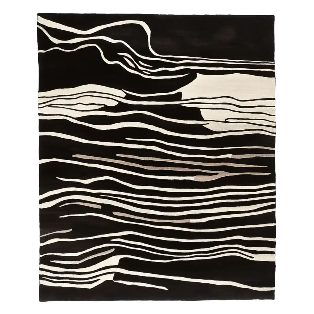 Top view of the Modular Art Beat Hand Tufted Area Rug featuring a striking abstract design in black and white. This contemporary wool rug is perfect for adding a modern touch to your living room area.