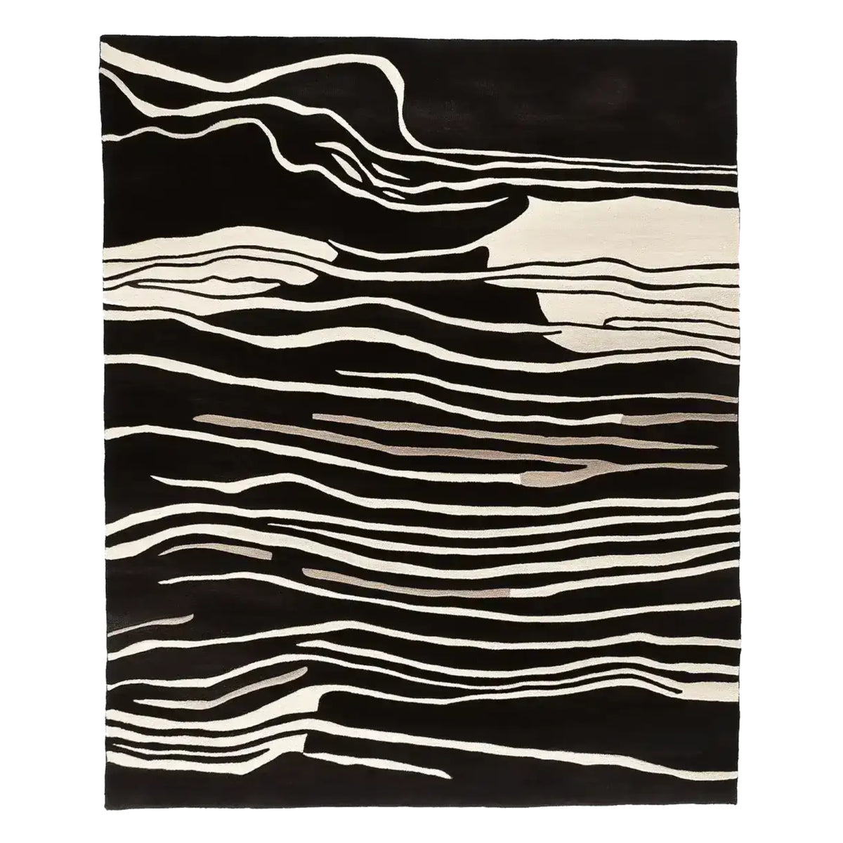 Top view of the Modular Art Beat Hand Tufted Area Rug featuring a striking abstract design in black and white. This contemporary wool rug is perfect for adding a modern touch to your living room area.