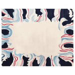 Elegant area rug with a modern abstract design, featuring bold waves of blue and red on a cream background. This contemporary wool rug is perfect for enhancing the aesthetic of large living rooms, especially in an 8x10 size.