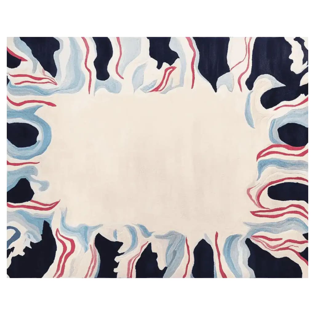 Elegant area rug with a modern abstract design, featuring bold waves of blue and red on a cream background. This contemporary wool rug is perfect for enhancing the aesthetic of large living rooms, especially in an 8x10 size.