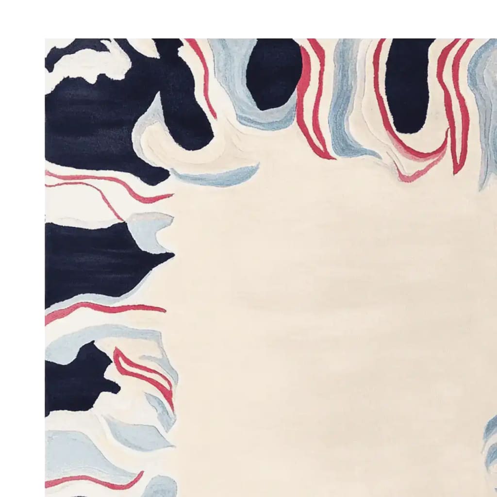 Top view of the Molten Edge Mirage Hand Tufted Area Rug, featuring an abstract design with bold navy, light blue, and red waves. This contemporary wool rug is perfect for adding a modern touch to large living rooms, especially as an 8x10 centerpiece.