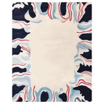 Top view of the Molten Edge Mirage Hand Tufted Area Rug, a contemporary wool rug with an abstract design in blue, red, and white tones. Perfect for adding a modern touch to large living rooms, this 8x10 rug combines artistic flair with cozy comfort.