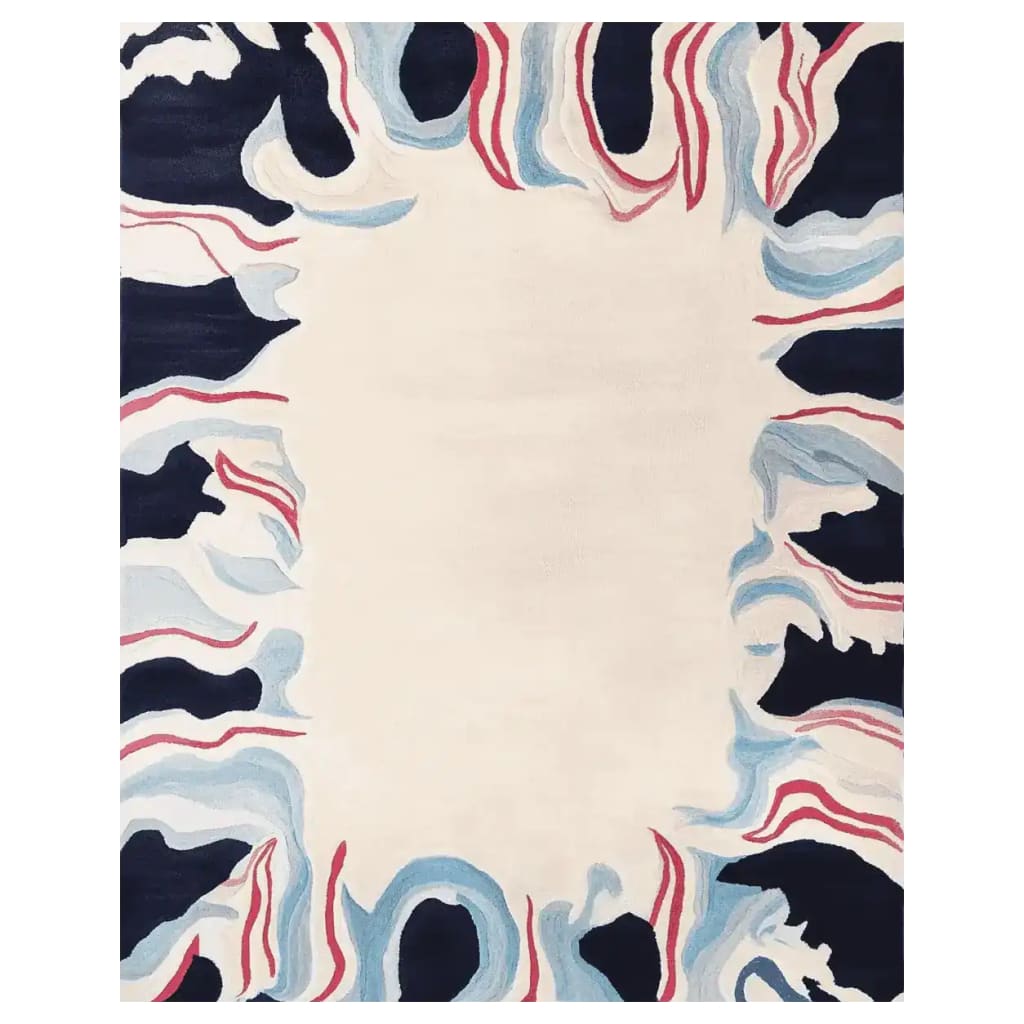 Top view of the Molten Edge Mirage Hand Tufted Area Rug, a contemporary wool rug with an abstract design in blue, red, and white tones. Perfect for adding a modern touch to large living rooms, this 8x10 rug combines artistic flair with cozy comfort.