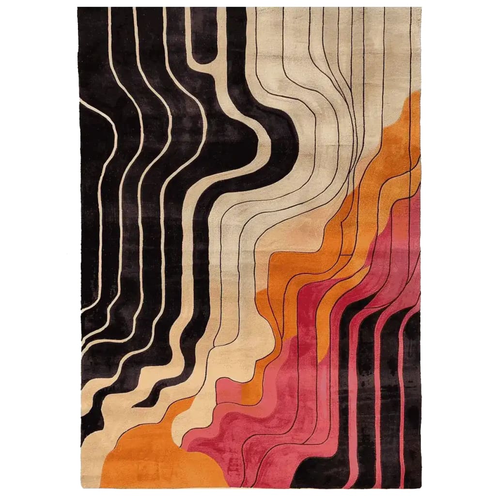Top view of the Molten Rhythm Drift Hand Tufted Area Rug featuring an abstract design with flowing lines in black, beige, orange, and pink. This contemporary wool rug is perfect for adding a modern touch to your living room decor.