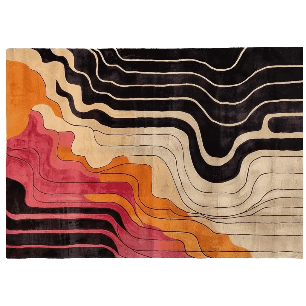 Experience the vibrant allure of the Molten Rhythm Drift Hand Tufted Area Rug. This contemporary wool rug features a striking abstract design with flowing waves in black, beige, pink, and orange hues, perfect for adding a modern touch to your living room decor.