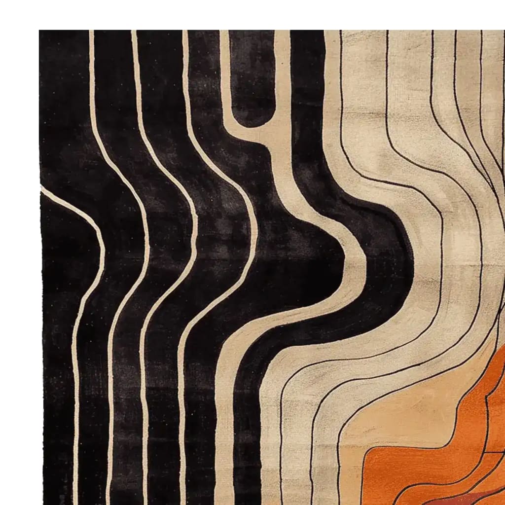 A contemporary area rug showcasing an abstract design with flowing black, beige, and orange lines. This wool rug features a modern aesthetic perfect for adding style to any living room. The Molten Rhythm Drift Hand Tufted Rug captures attention with its unique pattern, making it an excellent choice among area rugs for living rooms.