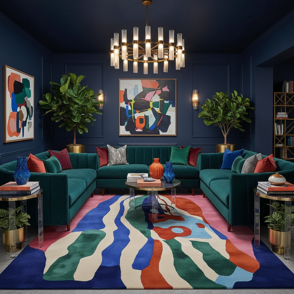 Modern living room with teal sectional sofa, colorful rug, and abstract art on dark blue walls.