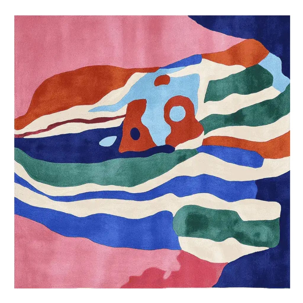 Contemporary wool area rug featuring an abstract design with vibrant colors including red, blue, green, and pink, perfect for large living rooms. This square rug measures 8x10 and adds a modern touch to any space.