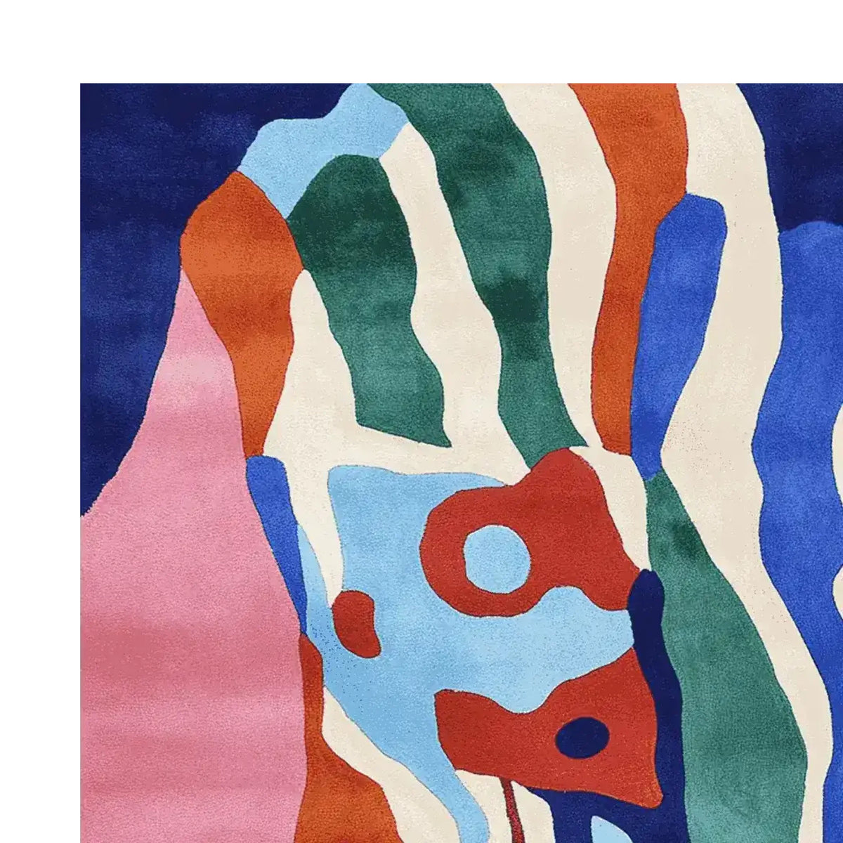 Vibrant abstract design on a Molten Spirit Veil Hand Tufted Area Rug, showcasing a colorful mix of blues, greens, oranges, and pinks. Perfect as a large living room rug or contemporary square area rug, ideal for an 8x10 space. Crafted from high-quality wool, this rug adds a modern touch to any setting.