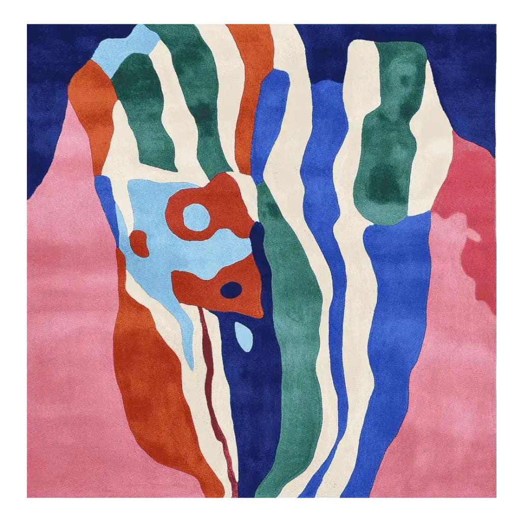 Vibrant and contemporary Molten Spirit Veil Hand Tufted Rug, showcasing an abstract design with bold colors including blue, green, orange, and pink. This square area rug is ideal for large living rooms, measuring 8x10, and crafted from high-quality wool, adding a touch of modern elegance to any space.