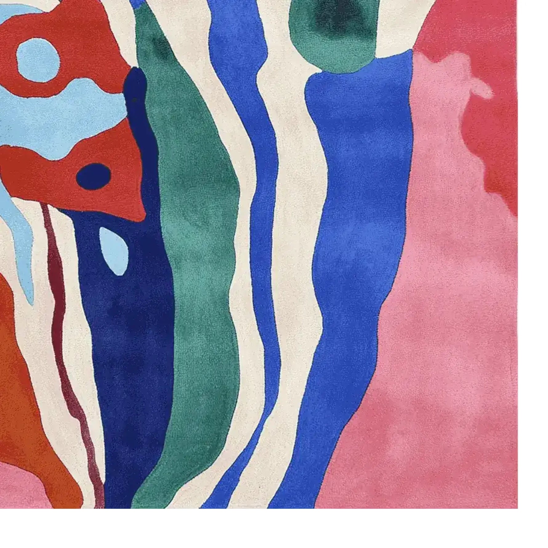 A vibrant, hand-tufted area rug with an abstract, colorful design featuring bold stripes and shapes in red, blue, green, and pink. This contemporary square area rug is ideal for adding a splash of color to large living rooms. Made from high-quality wool, it's perfect for an 8x10 living room space.