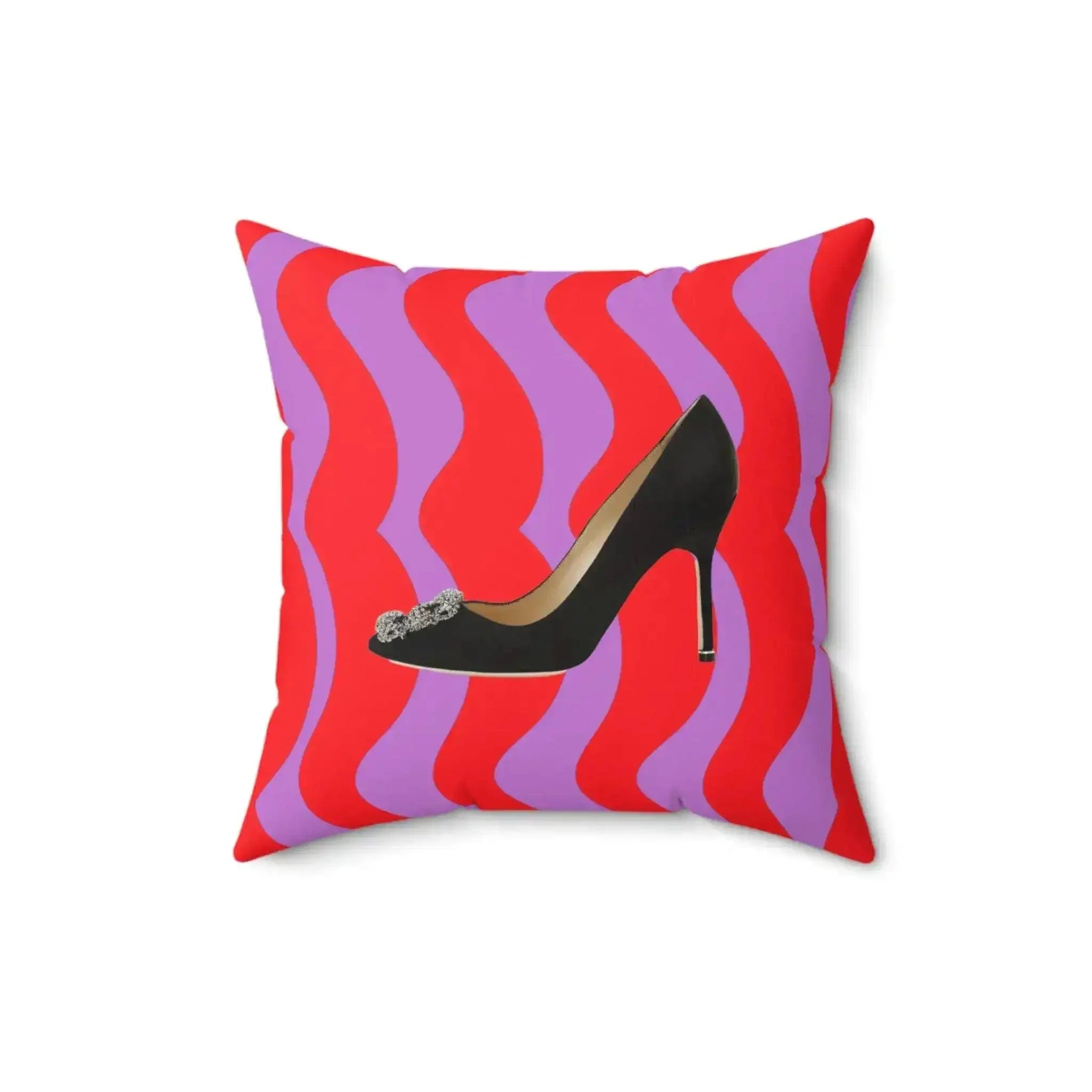Pop-inspired throw pillow featuring a stylish black high heel on a vibrant red and purple wavy background.