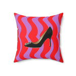 Stylish throw pillow featuring a black high heel shoe on a vibrant red and purple wavy background, perfect for accentuating any living space.