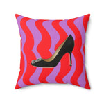 Pop-inspired throw pillow featuring a stylish black high heel against a vibrant red and purple wavy background, perfect for adding a chic accent to any room.