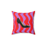 Colorful throw pillow featuring a stylish black high heel on a vibrant red and purple wavy background, perfect for accentuating modern decor.