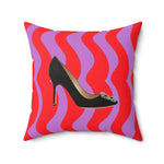 Pop-inspired throw pillow featuring a stylish high heel design on a vibrant background of red and purple waves.