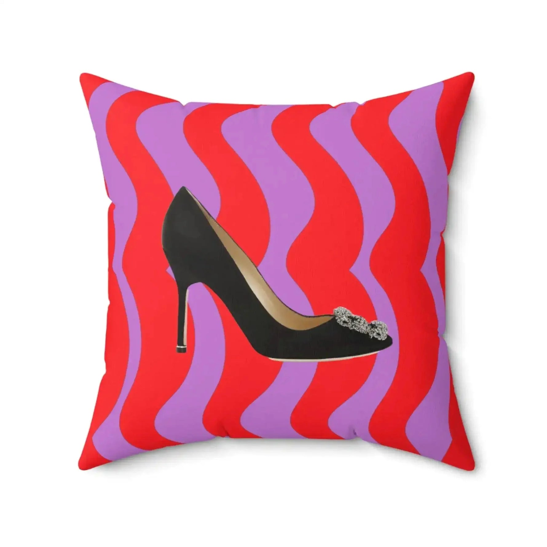 Pop-inspired throw pillow featuring a stylish high heel design on a vibrant background of red and purple waves.