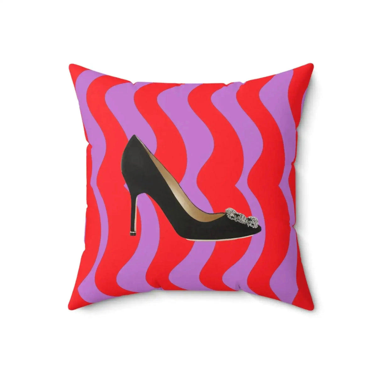 Stylish throw pillow featuring a black high heel shoe design on a vibrant red and purple wavy background, perfect for pop-inspired decor.