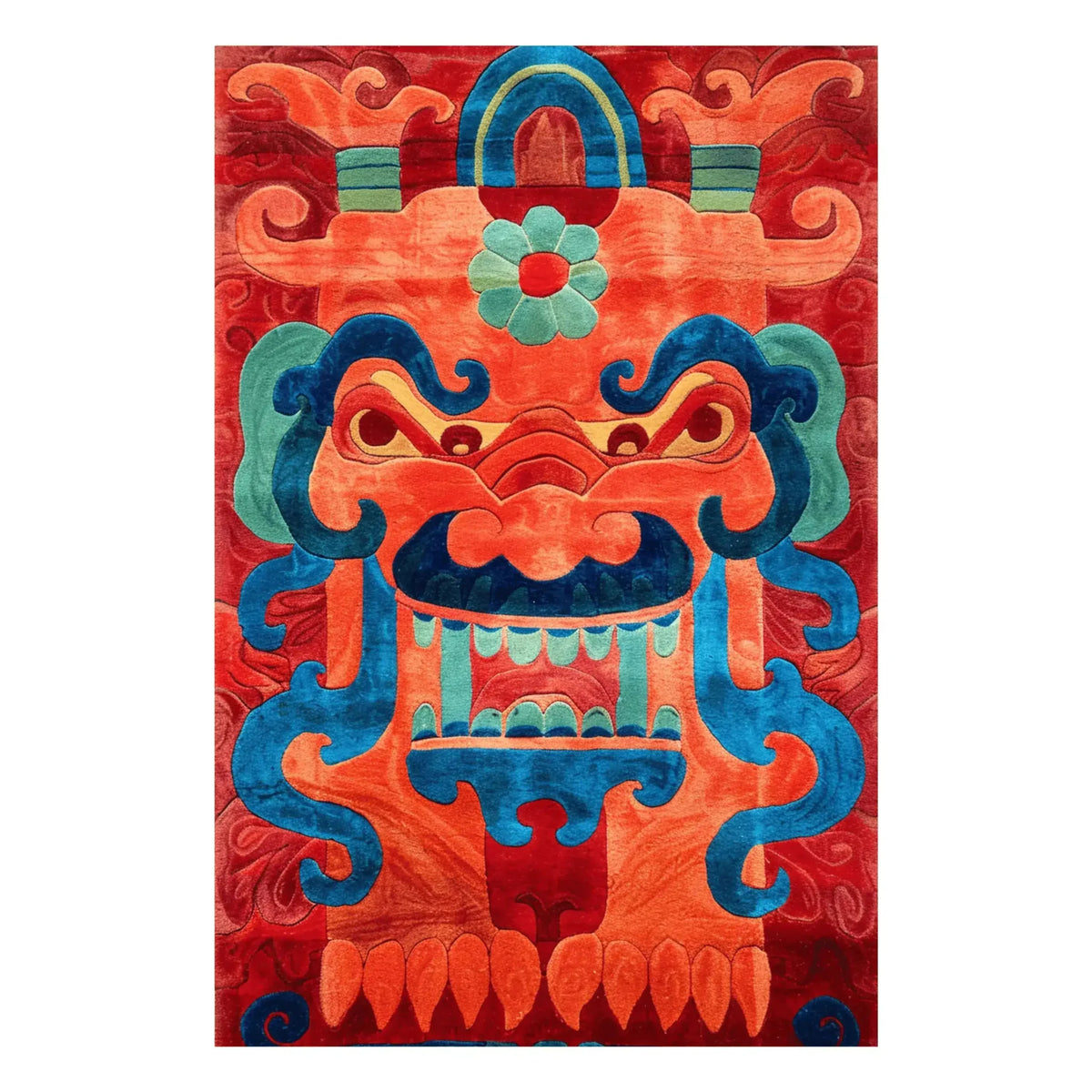 Vibrant hand-tufted area rug featuring an abstract, colorful design inspired by the mountains, ideal for living rooms or bedrooms. This 8x10 wool rug showcases bold red, blue, and orange hues, perfect for adding a touch of artistic flair to your living space.