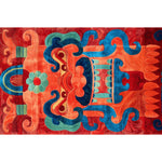 Vibrant Monarch of the Mountains Hand Tufted Area Rug featuring an abstract design with bold red, blue, and orange hues. Perfect for adding a touch of elegance to living rooms, this 8x10 wool rug creates a stunning focal point in both living room and bedroom spaces.