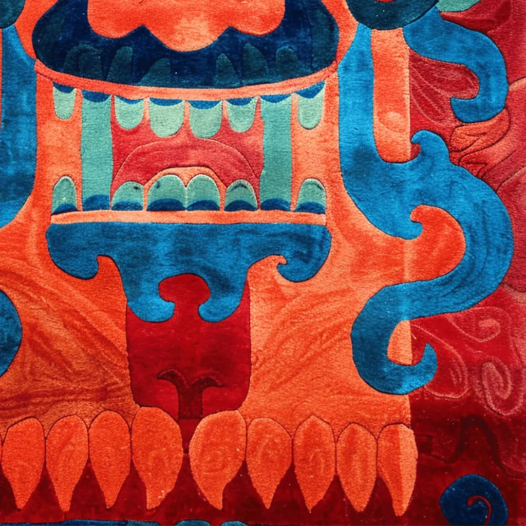 Vibrant area rug with an abstract tiger design featuring bold red, blue, and orange colors. Ideal for adding a statement to living rooms or bedrooms, this hand-tufted wool rug is perfect for those seeking 8x10 living room rugs or unique area rugs for living spaces.