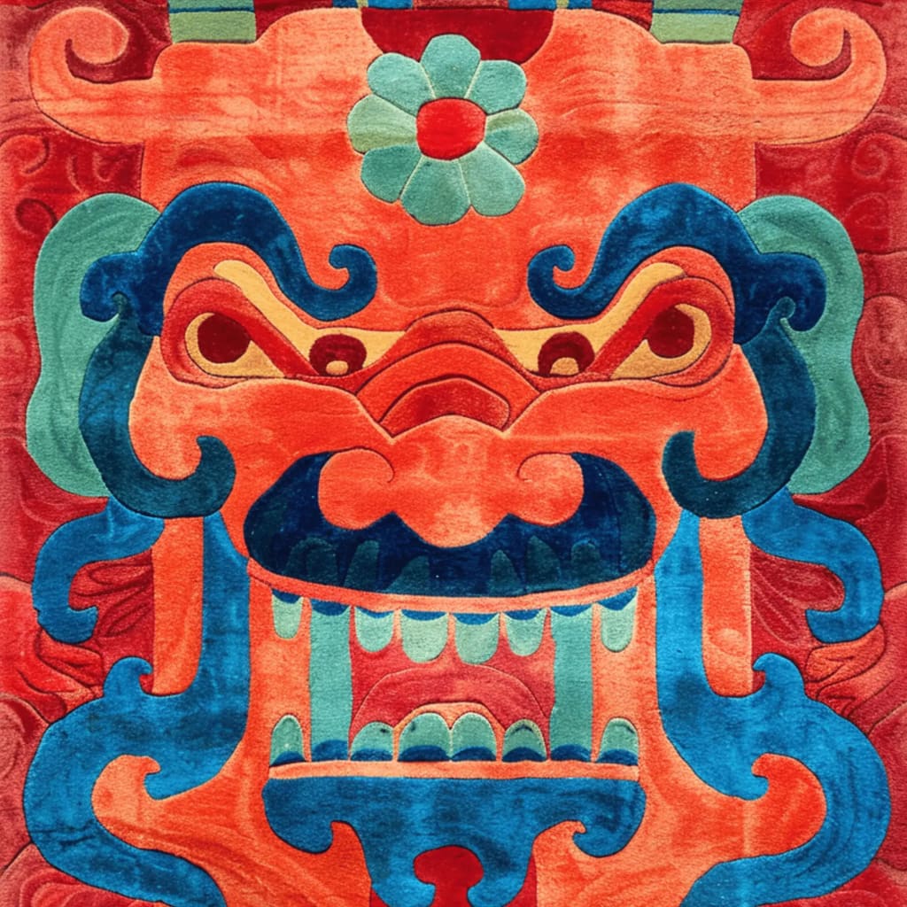 Vibrant and abstract Monarch of the Mountains hand-tufted area rug in wool, showcasing an intricate design with bold colors. Ideal for adding a splash of color to living rooms, this 8x10 rug is perfect for bedrooms and living room spaces, enhancing the decor with its unique pattern.