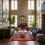 Monarch of the Mountains rug in a grand living room, bold red with blue swirls and petal border